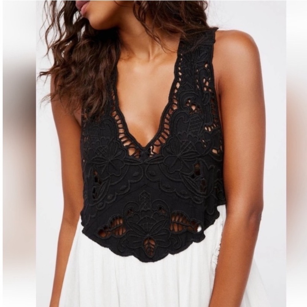 Free People Black White Voile and Lace Trapeze Mini Dress Crochet T-Back XS